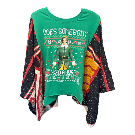 Do You Need a Hug? Upcycled Vintage Kantha Poncho Tee Fits A Size Small to XL
