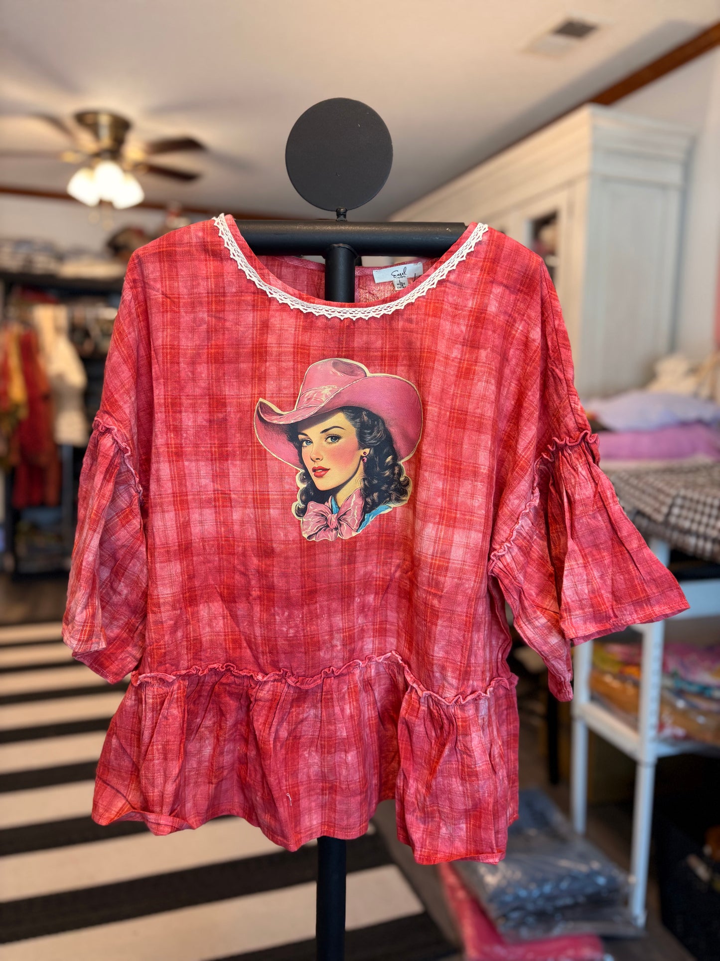 Yee Haw Upcycled Ruffle Plaid Top OVERSIZED Fits a Medium