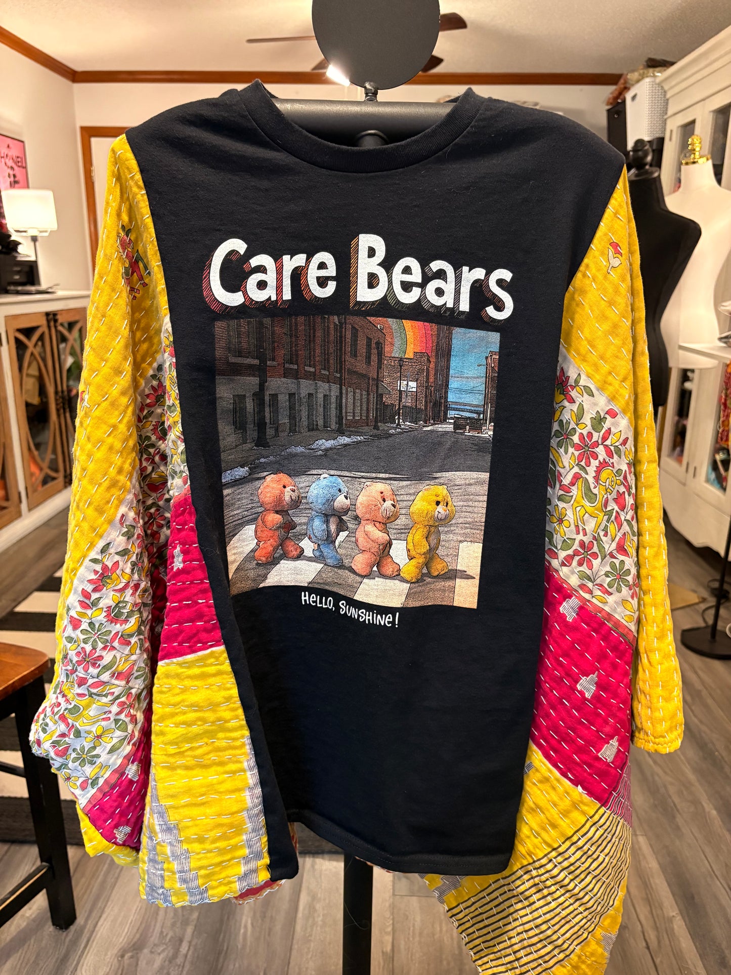 Hello Sunshine Upcycled Vintage Kantha Quilt Poncho Tee One Size Fits a Large to 3X