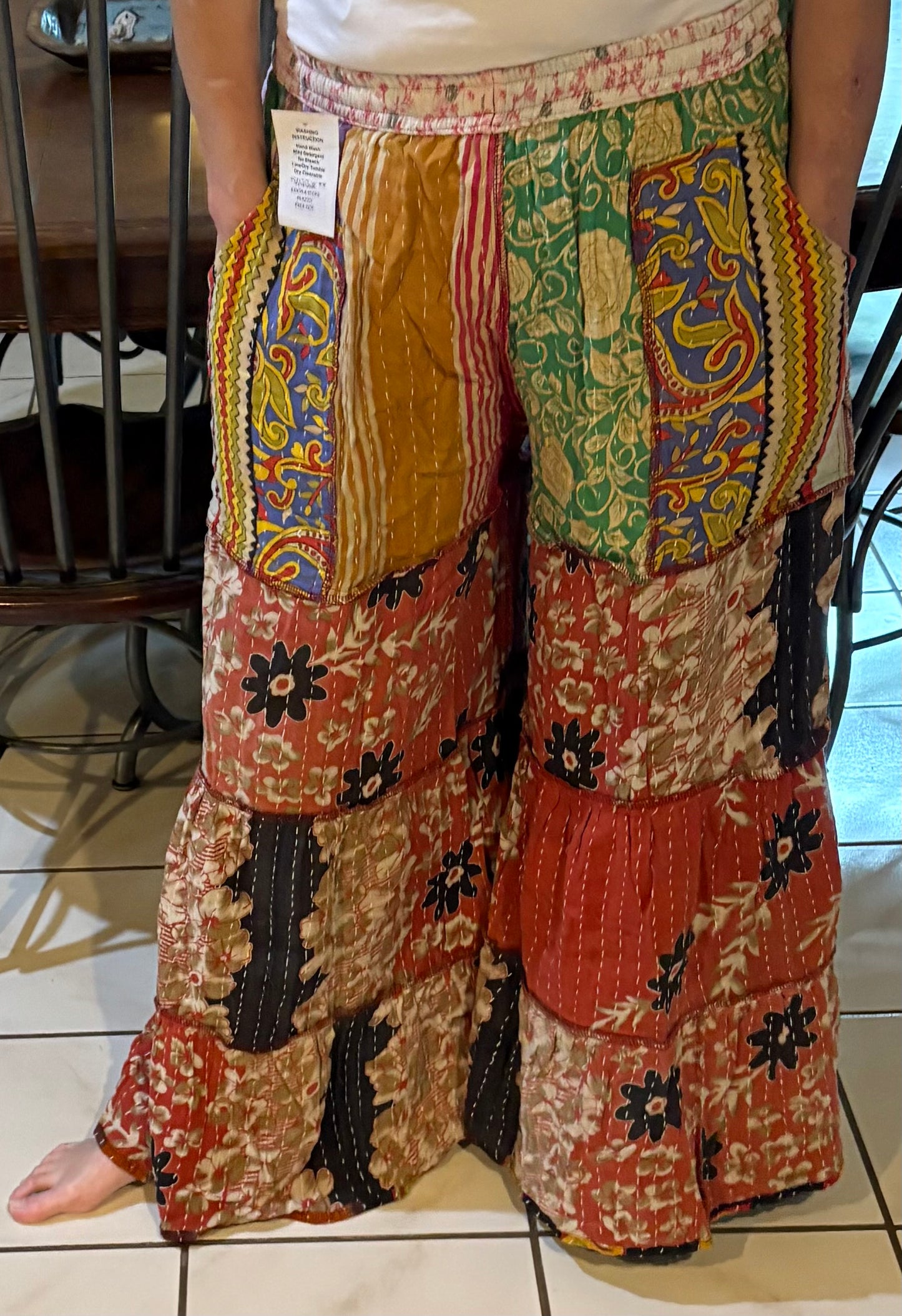 Kantha Flowy Tiered Reversible Palazzo Pant with Pockets: One Size Fits Size 6-16