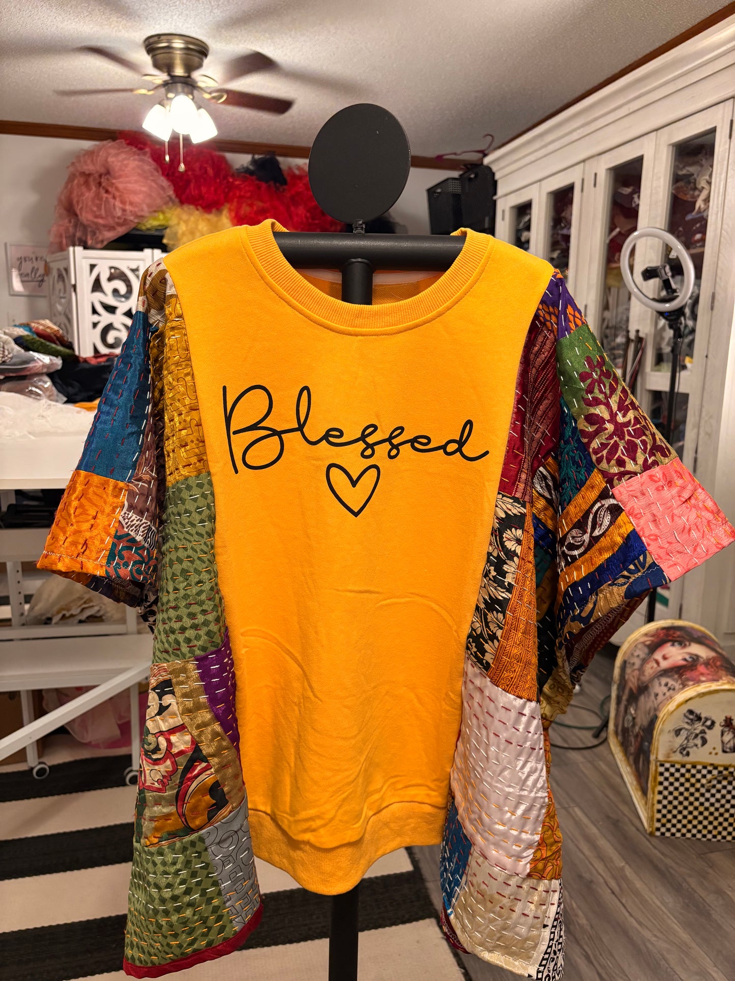 Blessed Upcycled Silk Patchwork Kantha Poncho One Size Fits a Small to 3X