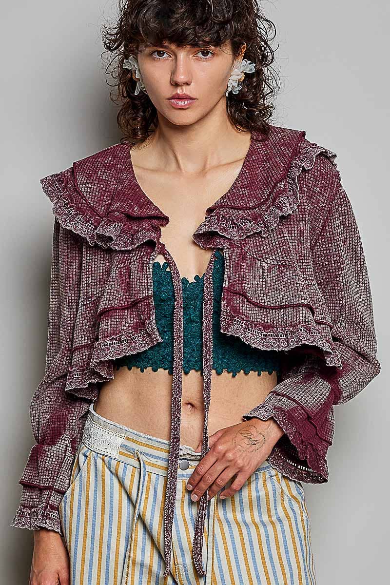 Gingham Lace Ruffle Tie Front Thermal Flared Cropped Top: BLOOD RED / M