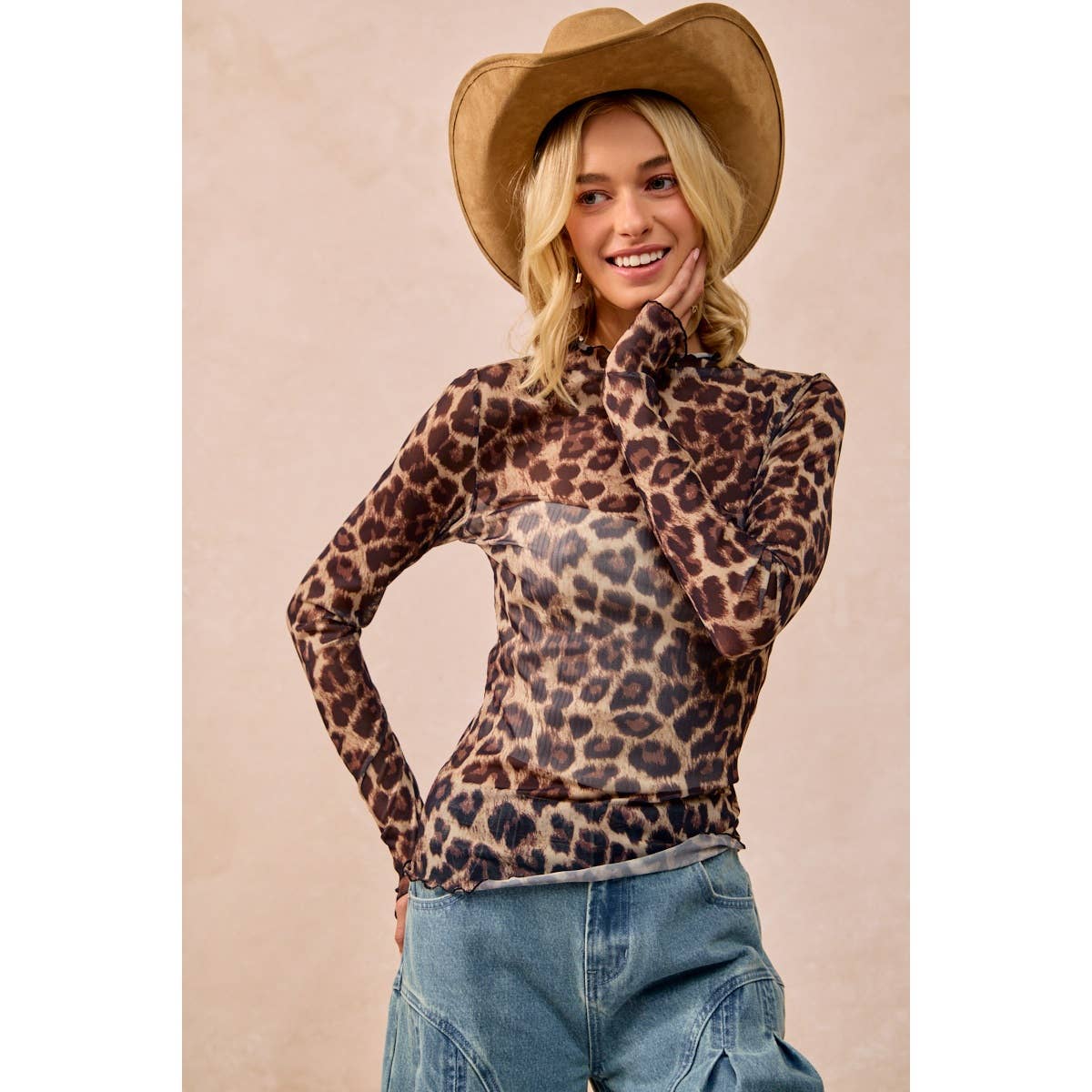 MESH LEOPARD PRINTED TOP WITH LONG SLEEVES: LEOPARD / S-XL