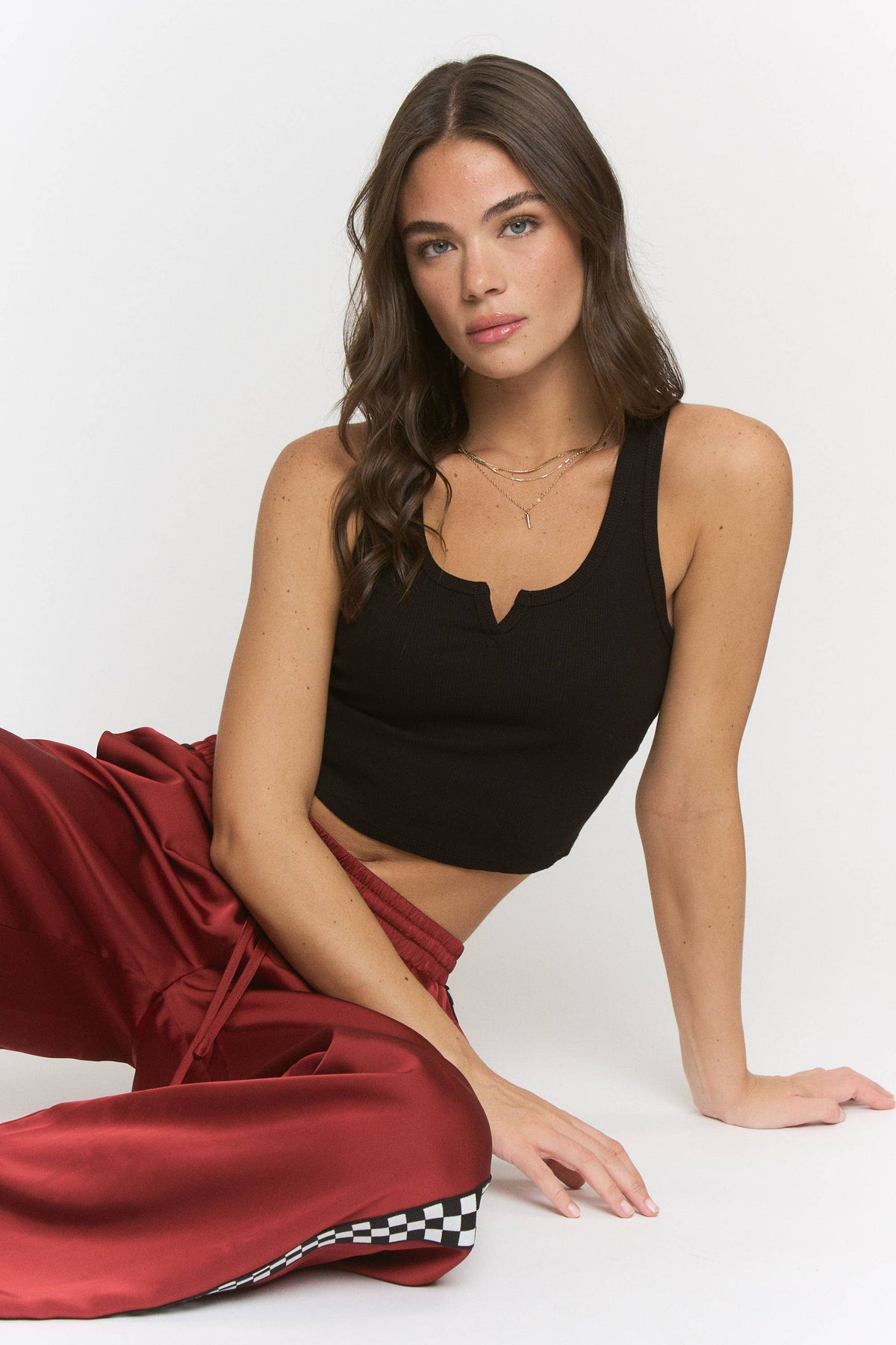 PLUS SIZE SOLID SATIN SWEATPANTS WITH SIDE CHECKERBOARD TAPE: Black