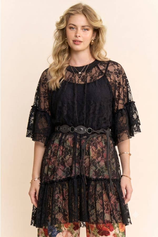PT60110-PLUS SHEERED LACE TIERED SLEEVE FLOWY TUNIC TOP: Black / 3XL