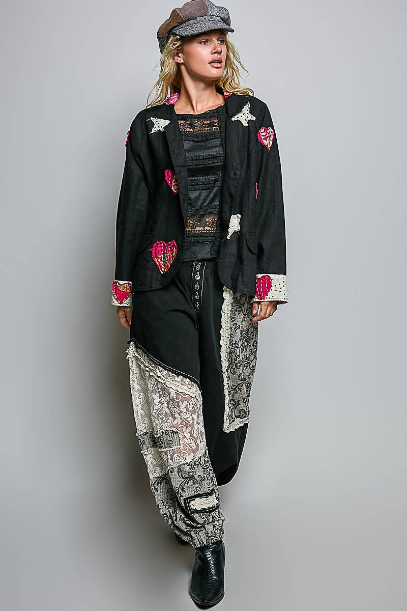 Notched Collar Star & Heart Applique Relaxed Blazer Jacket: Black