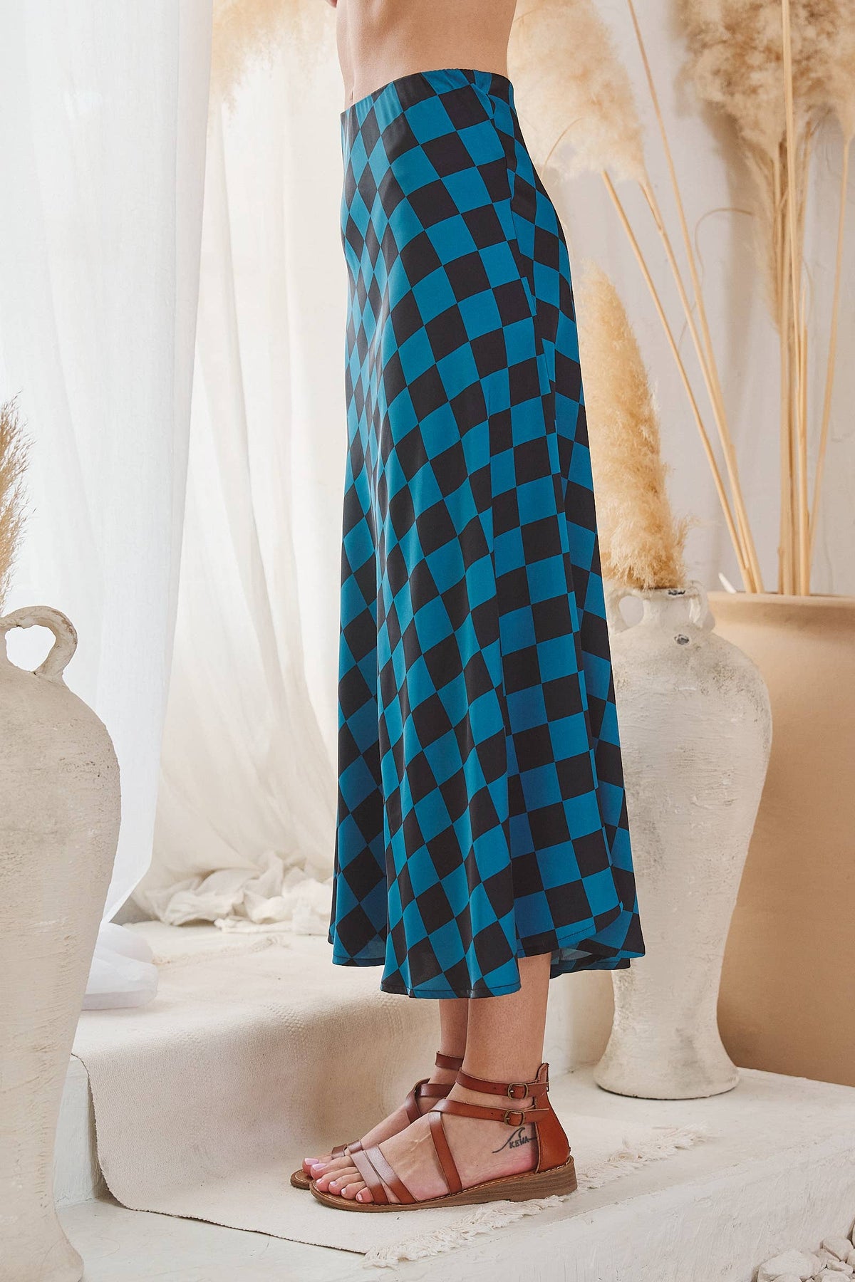 CHECKERED PRINT MIDI SKIRT: TEAL