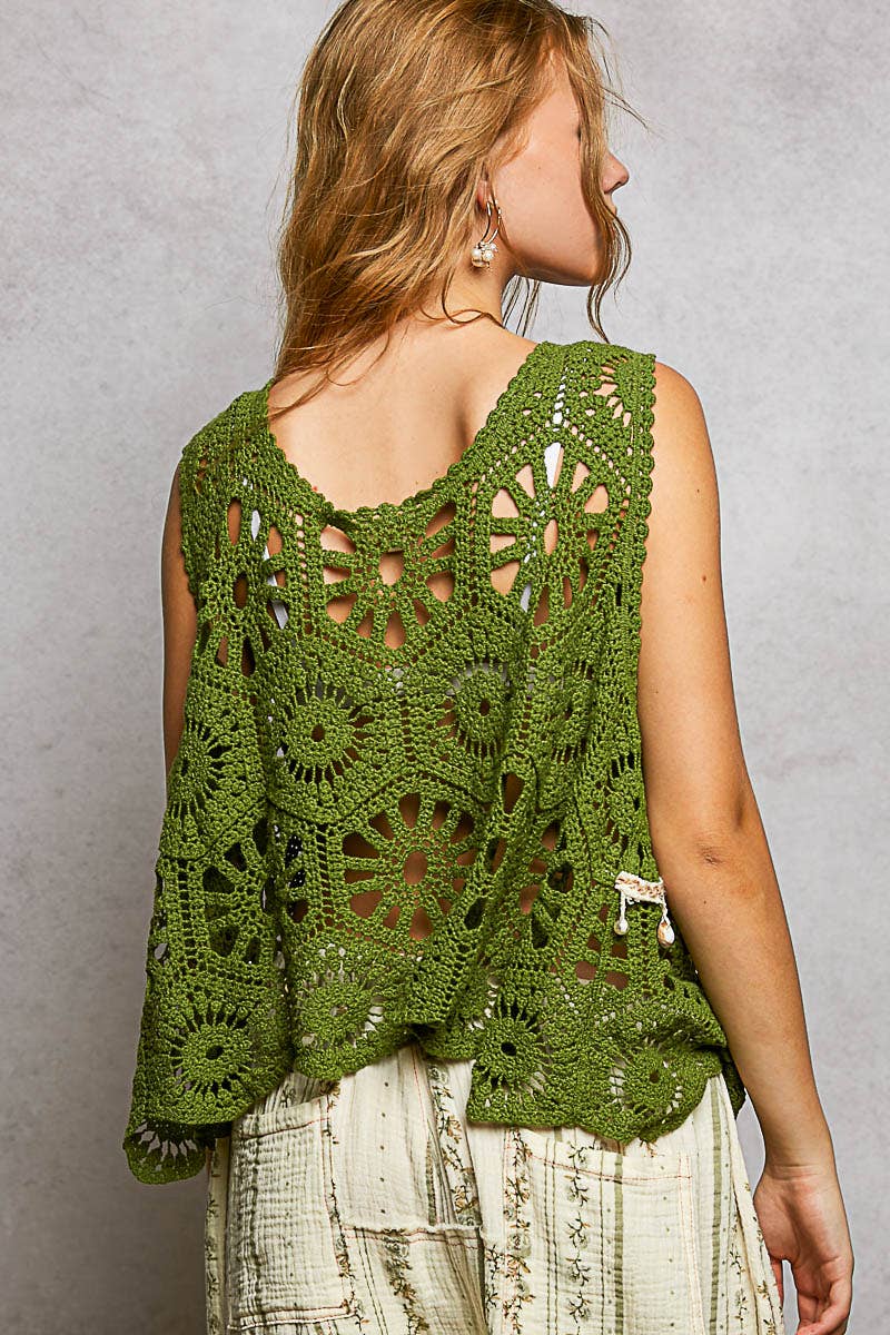 Round Neck Sleeveless Solid Crochet Top: GRASS GREEN / One Size Fits a Small to XXL