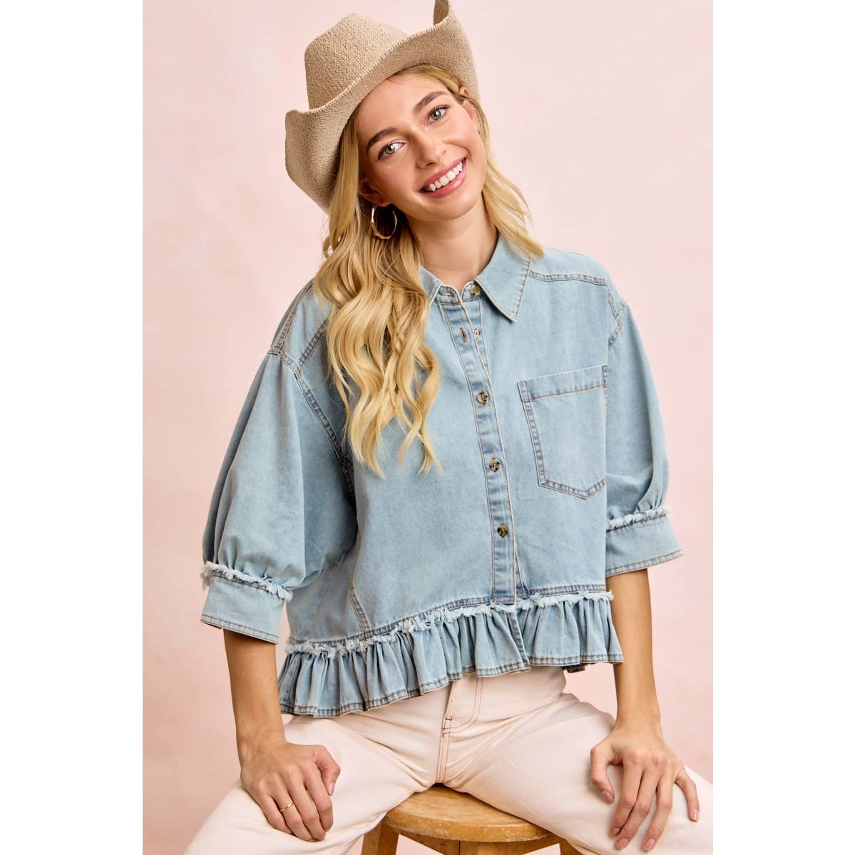 WASHED DENIM RUFFLED HEM BUTTON UP SHIRT: WASHED DENIM / S-XL