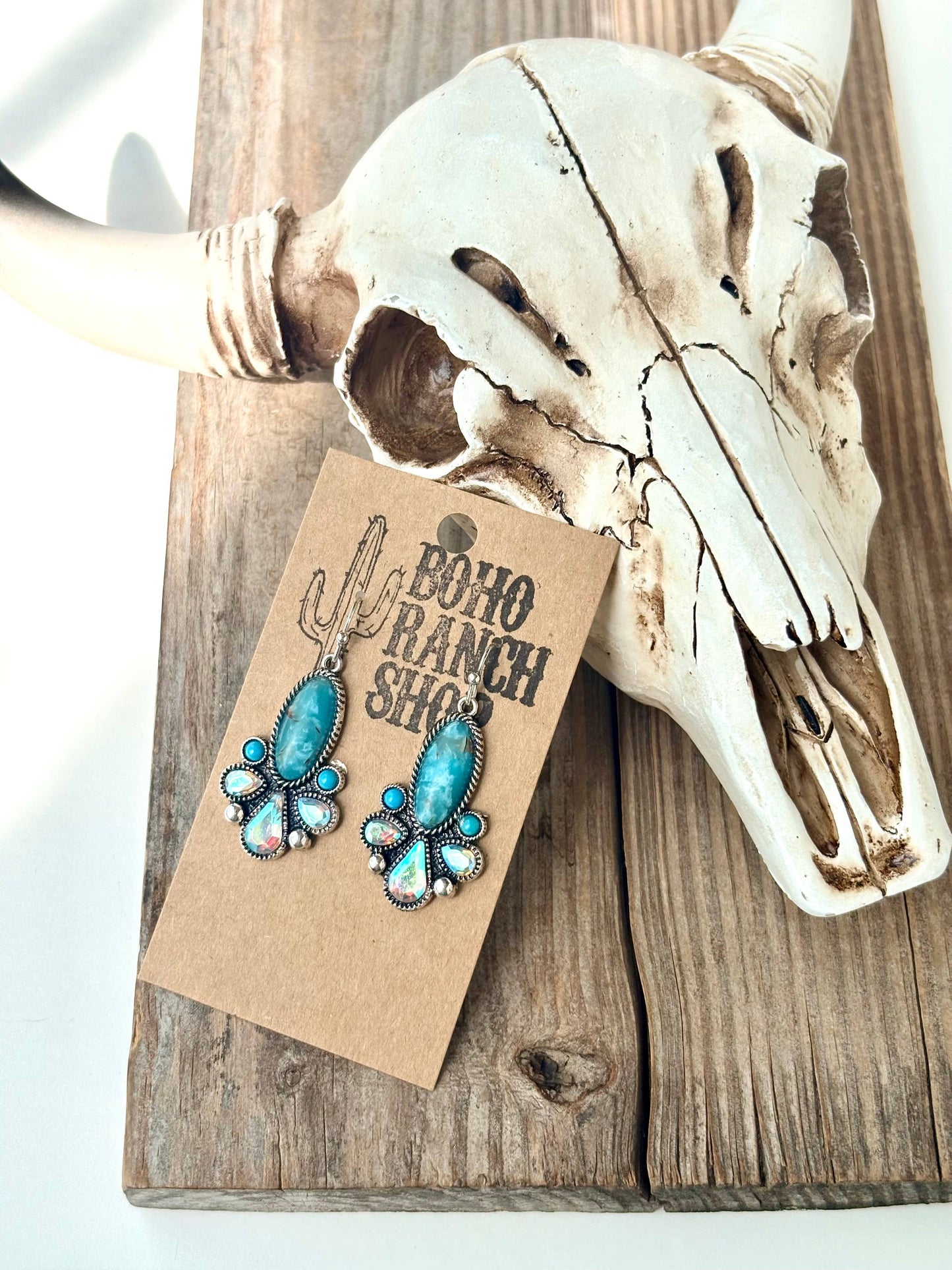 Western Style Turquoise Stone Rhinestone Dangle Earrings: White