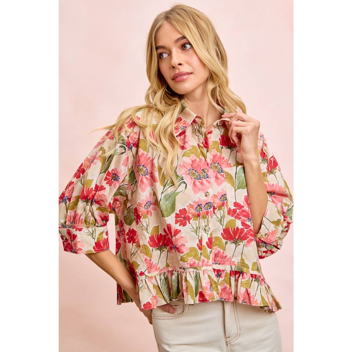 FLORAL PRINT RUFFLED HEM QUARTER SLEEVES SHIRT TOP: FLORAL / M