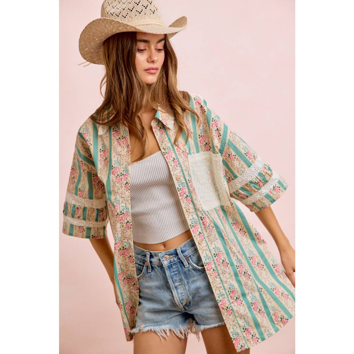 EYELET LACE AND FLORAL MIX AND MATCH SHIRT TOP: TEAL / XL 14-18