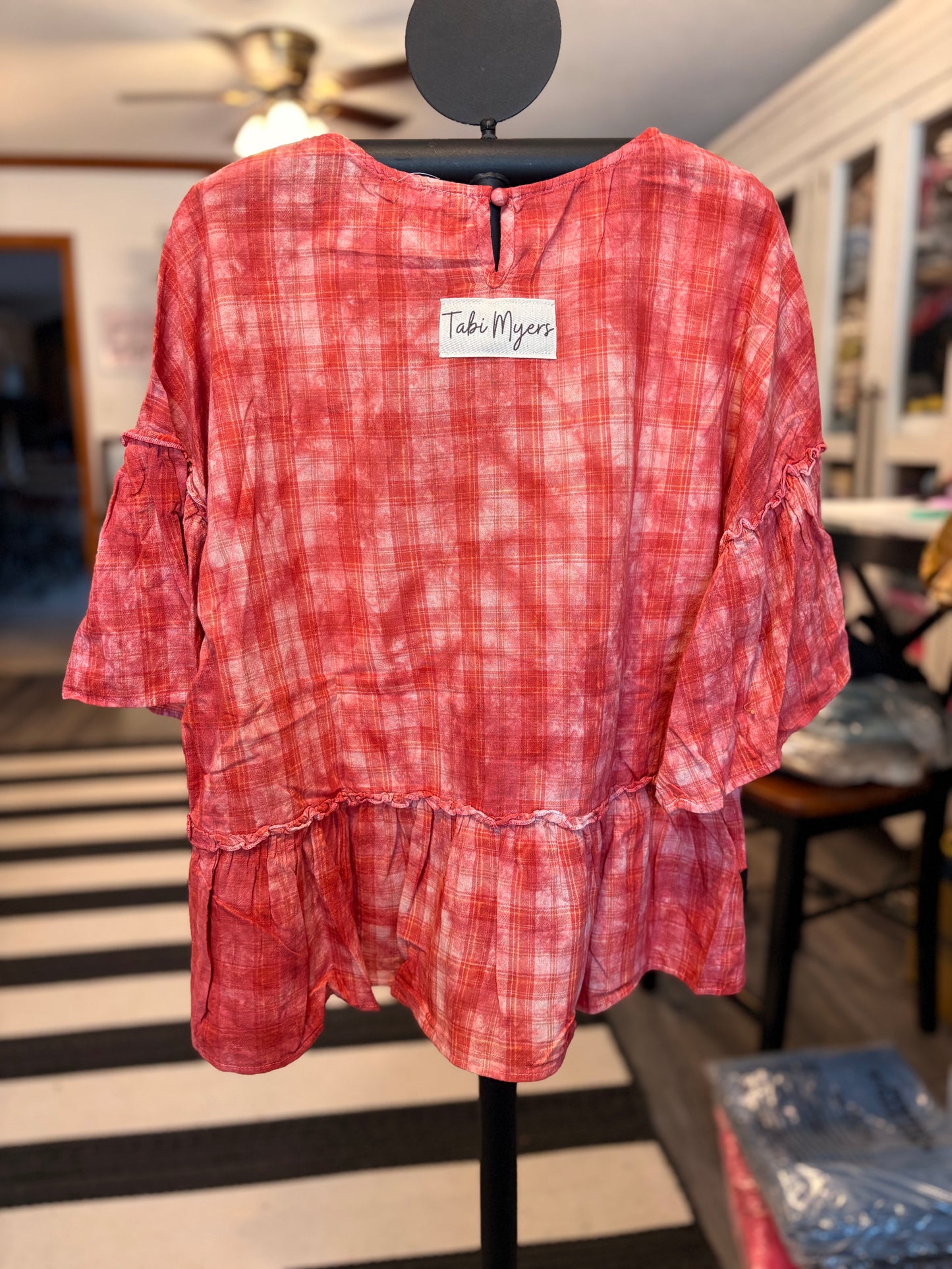 Pretty Pink Cowgirl Upcycled Ruffle Plaid Top OVERSIZED Fits a Small