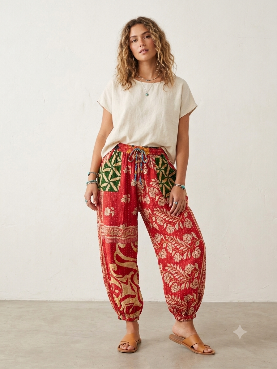 Sabrina Women Vintage Kantha Quilt Cotton Reversible Harem Pant One Size Fits Size 4-16