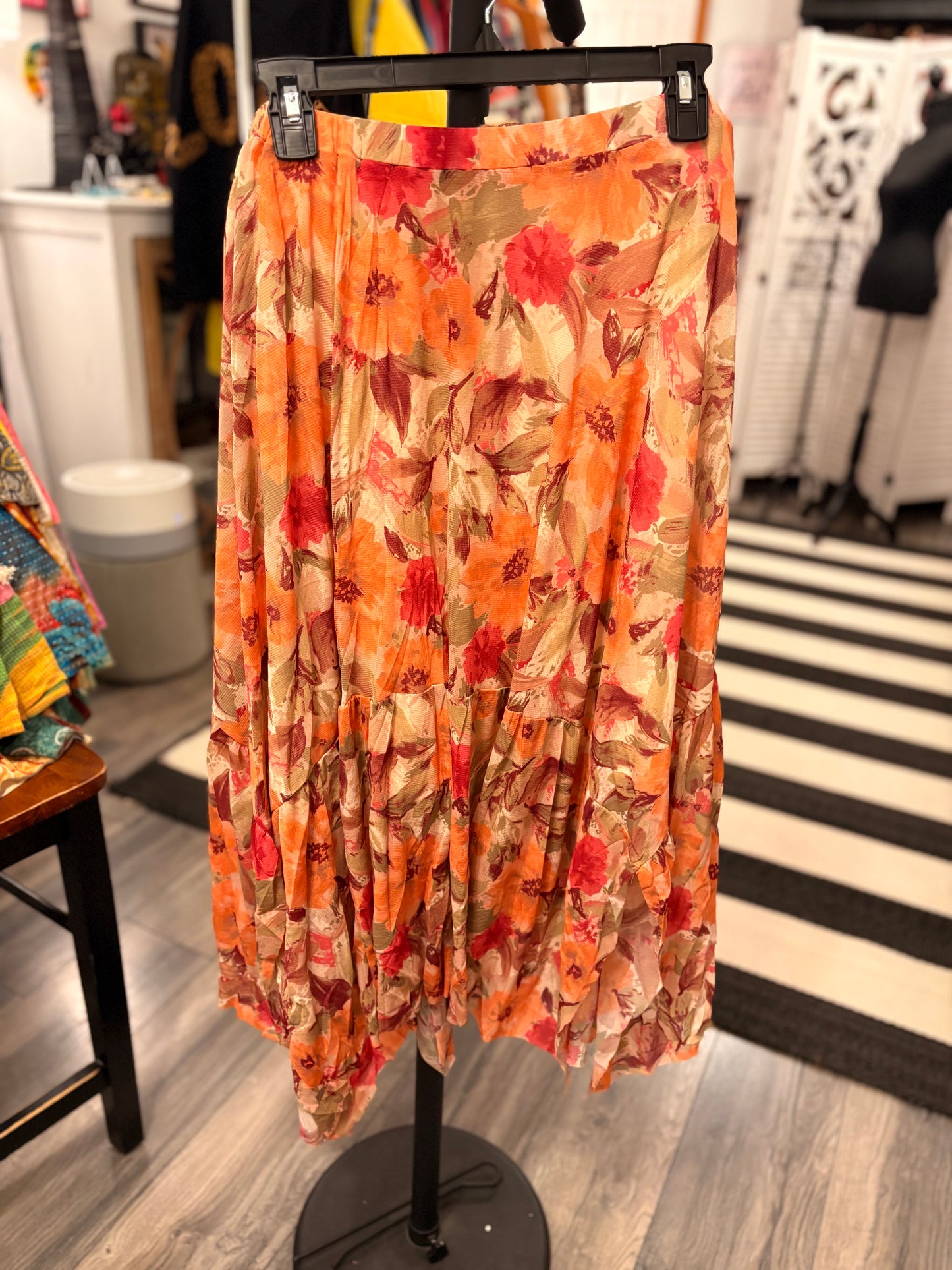 Peach Floral Asymmetrical Flowy Skirt Large