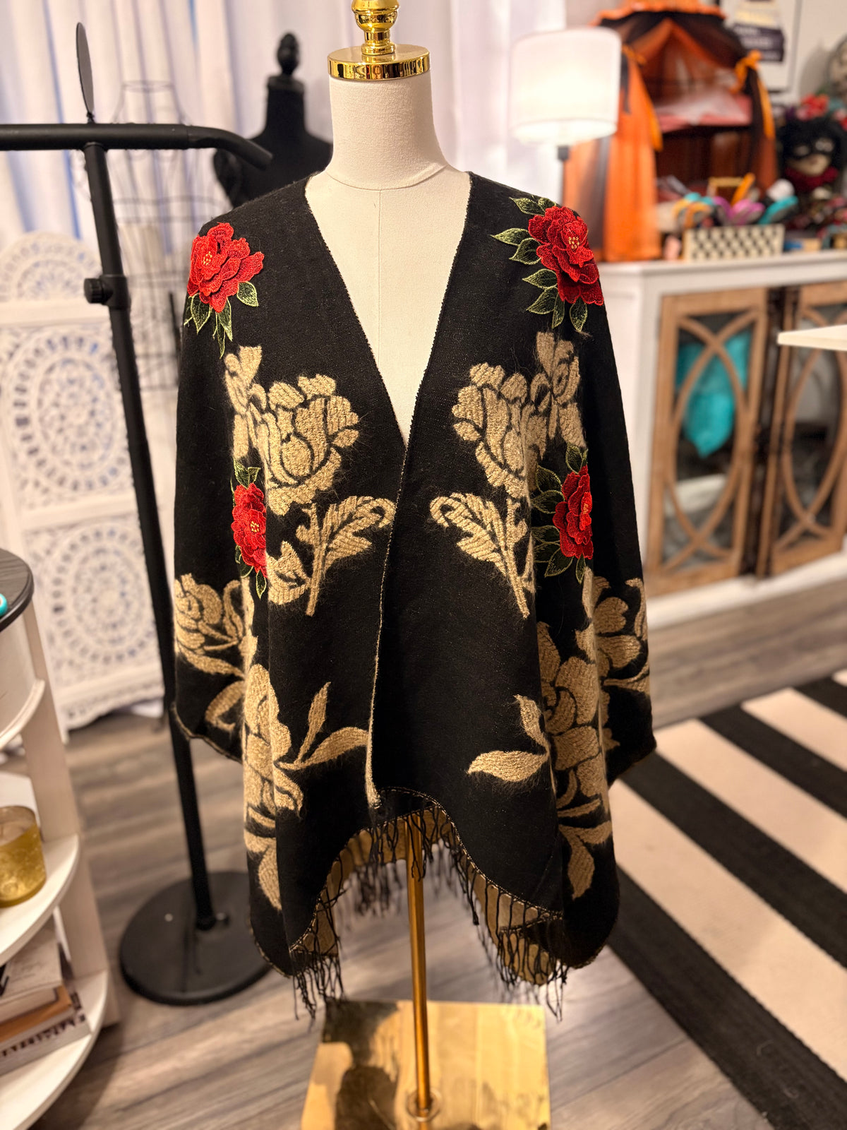 The Rose Hand Embroidered Poncho by Aratta One Size Fits a Small to 3X