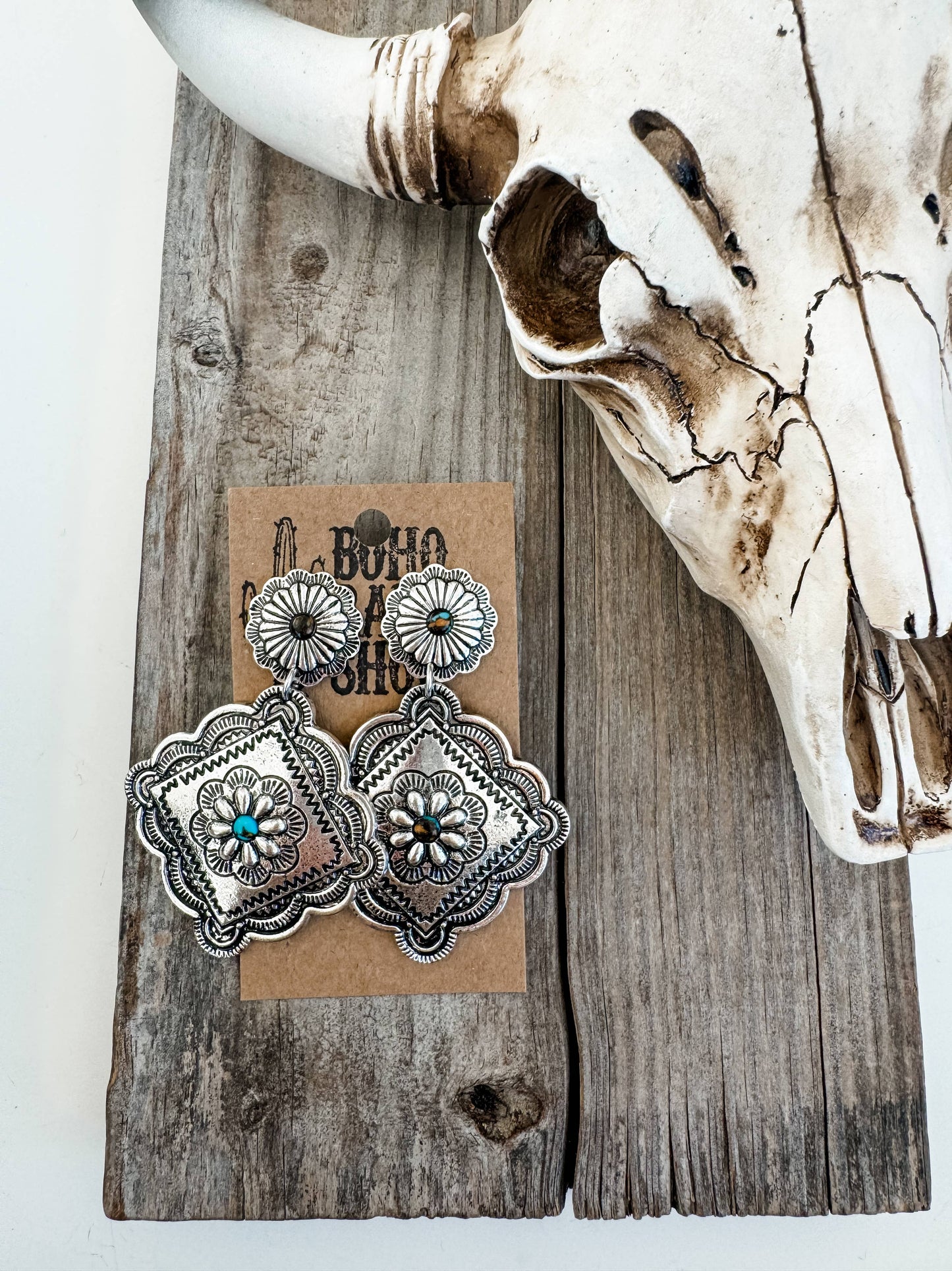 Western Textured Dangle Concho Earrings: SILVER - TURQUOISE