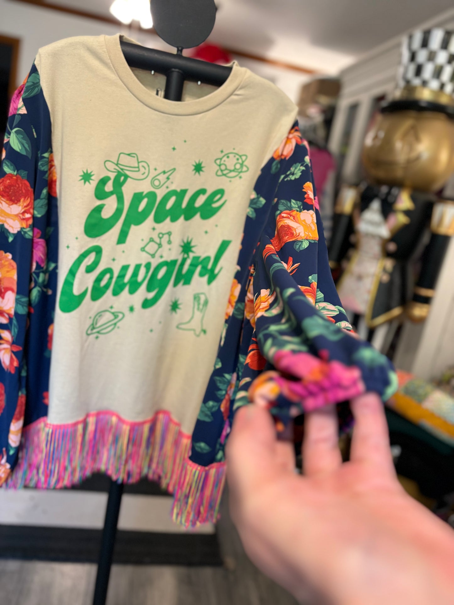 Space Cowgirl Upcycled Drop-Sleeve Tee  with Fringe One Size Fits a Small to XXL