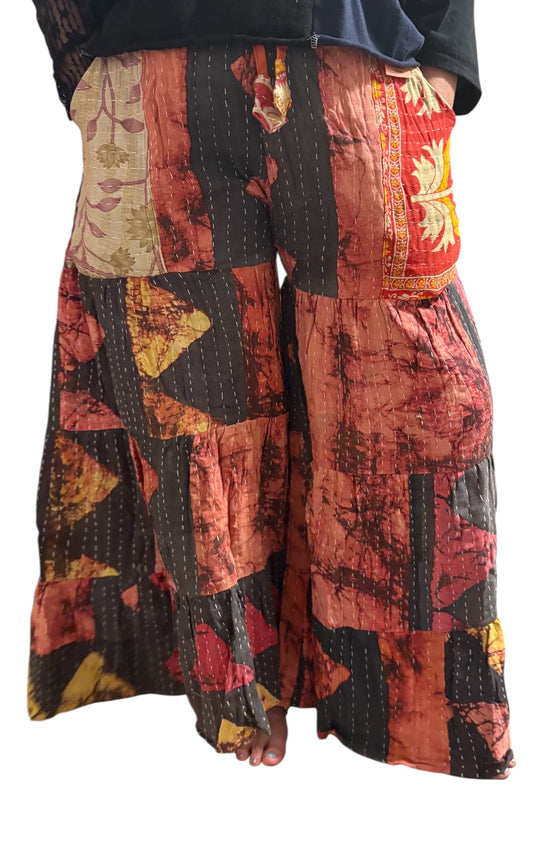 Alexis Kantha Flowy Tiered Reversible Palazzo Pant with Pockets: One Size Fits Size 6-16