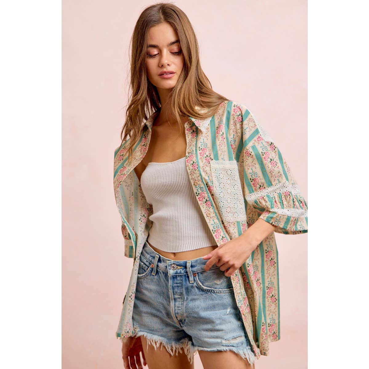 EYELET LACE AND FLORAL MIX AND MATCH SHIRT TOP: TEAL / L 10-14