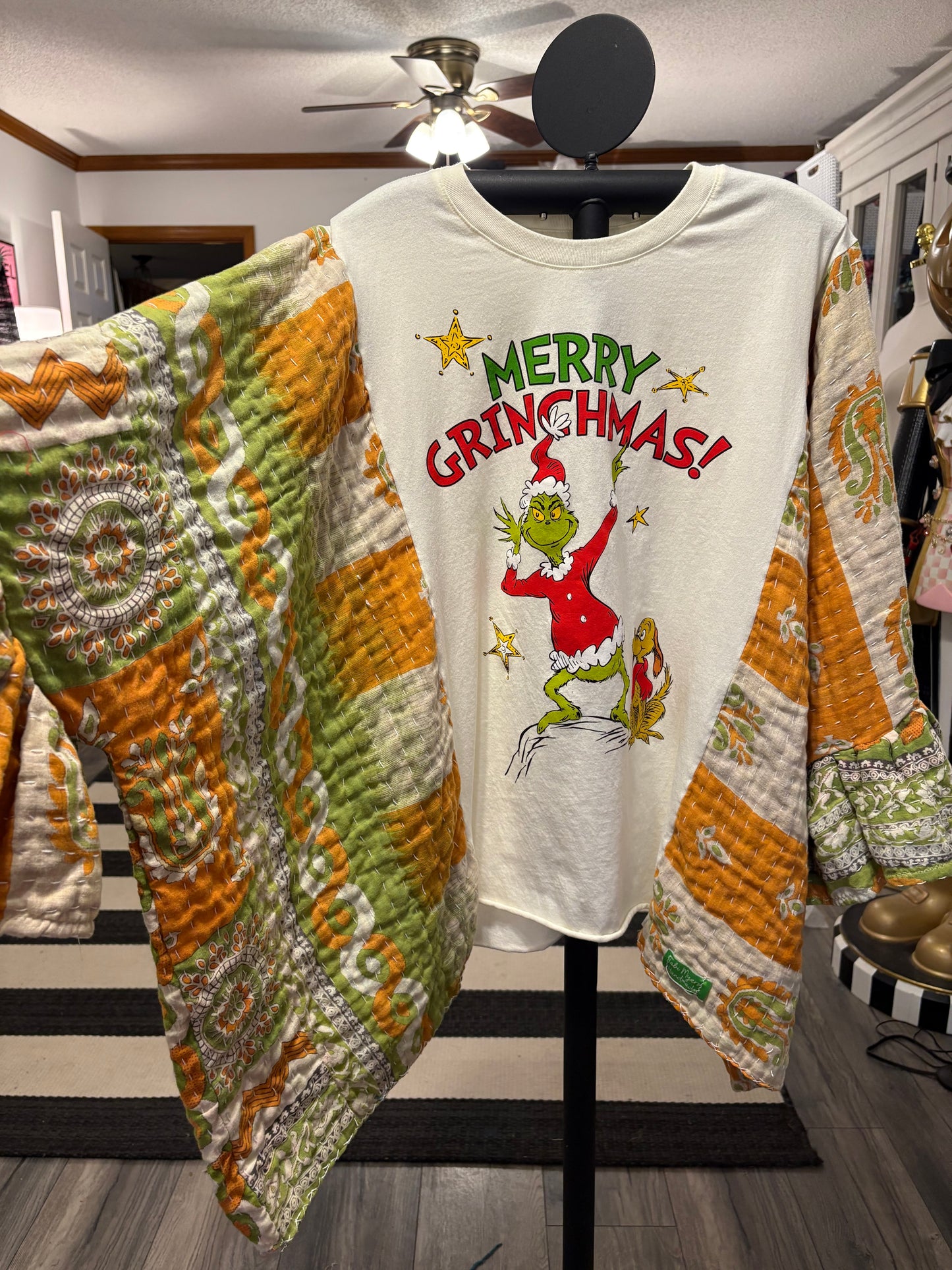 Grinchmas Upcycled Vintage Kantha Quilt Ruffle Sleeve Poncho Tee One Size Fits a Large to 3X