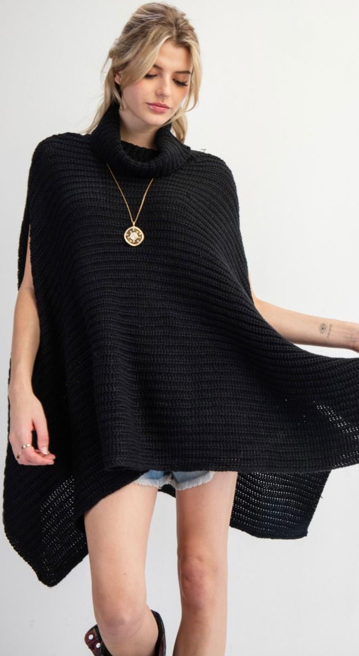 Black Knit Turtleneck Poncho