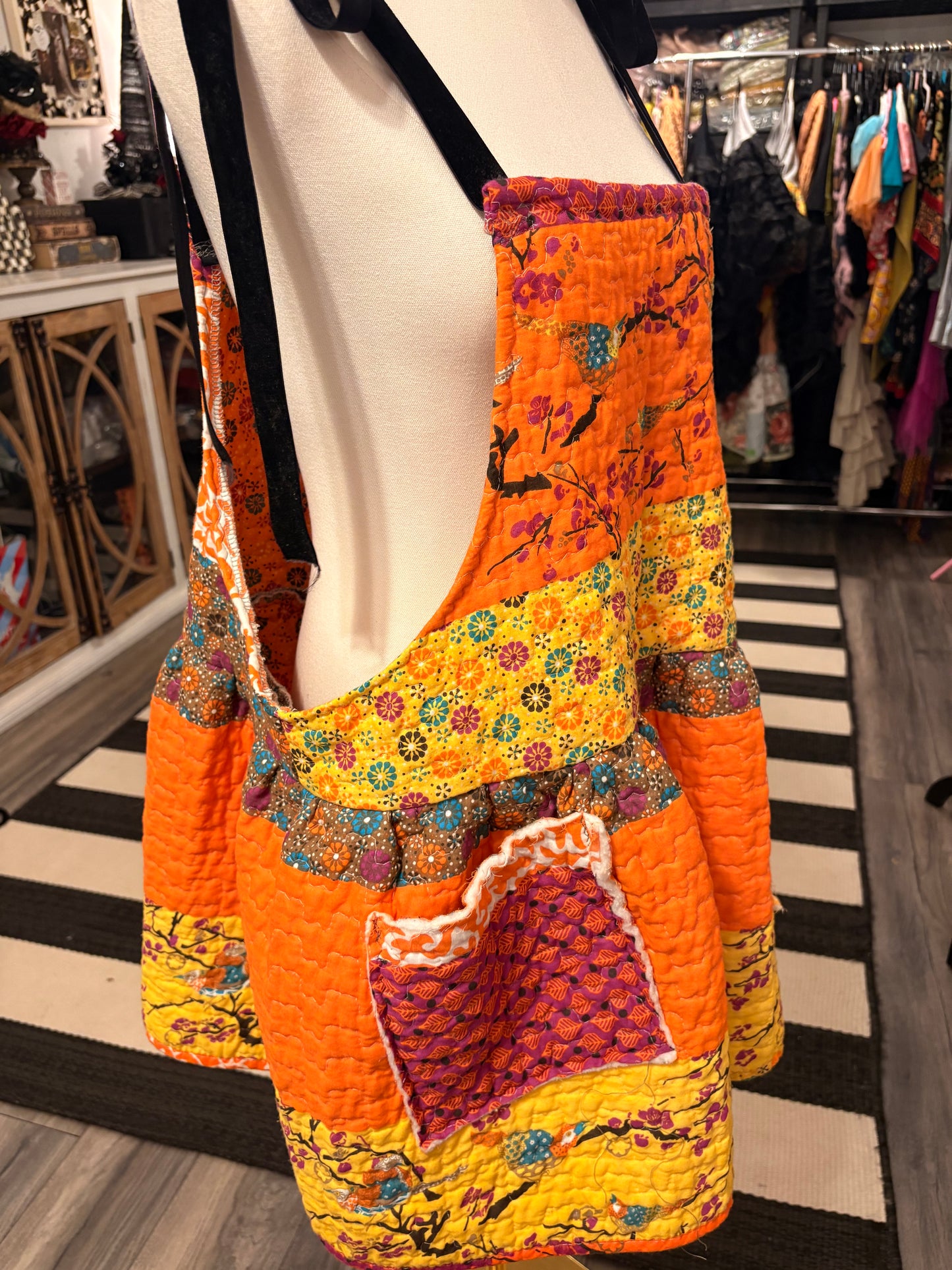 Mandarin Day Upcycled Quilt Art Smock with Pockets One Size Fits a Small to XL Oversized!