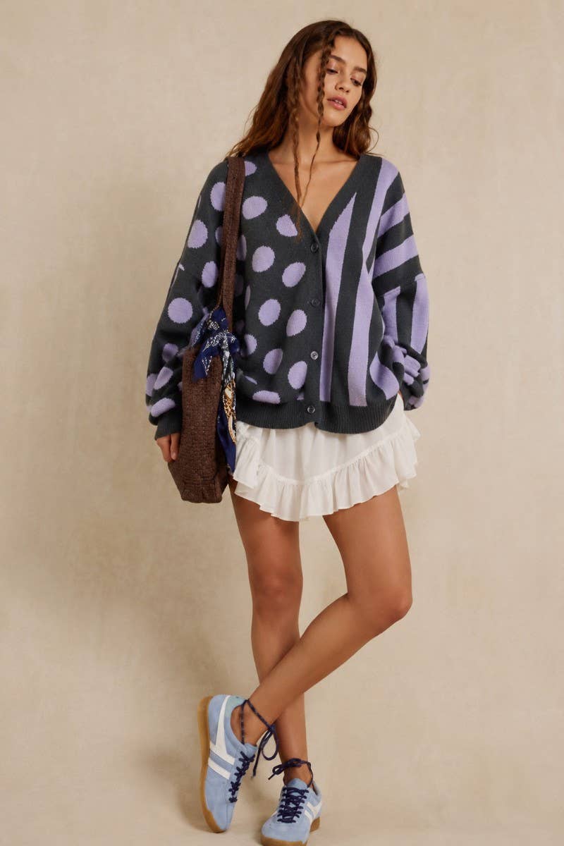 MIX DOT & STRIPE KNIT CARDIGAN: CHARCOAL/LAVENDER