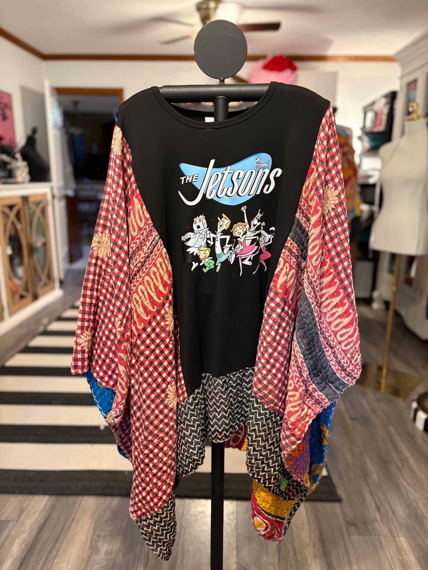 The Jetsons Upcycled Vintage Kantha Poncho Tee Fits A Size Large to 4X