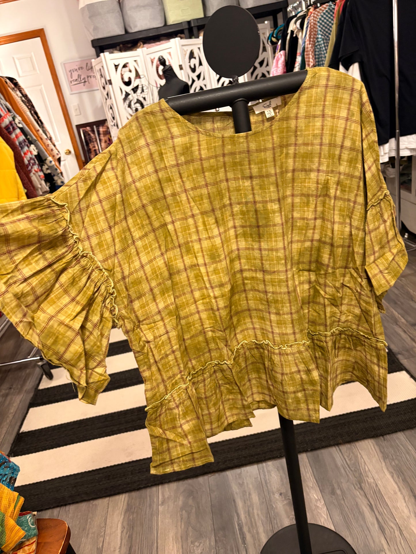 Green Plaid Ruffle Top 1X