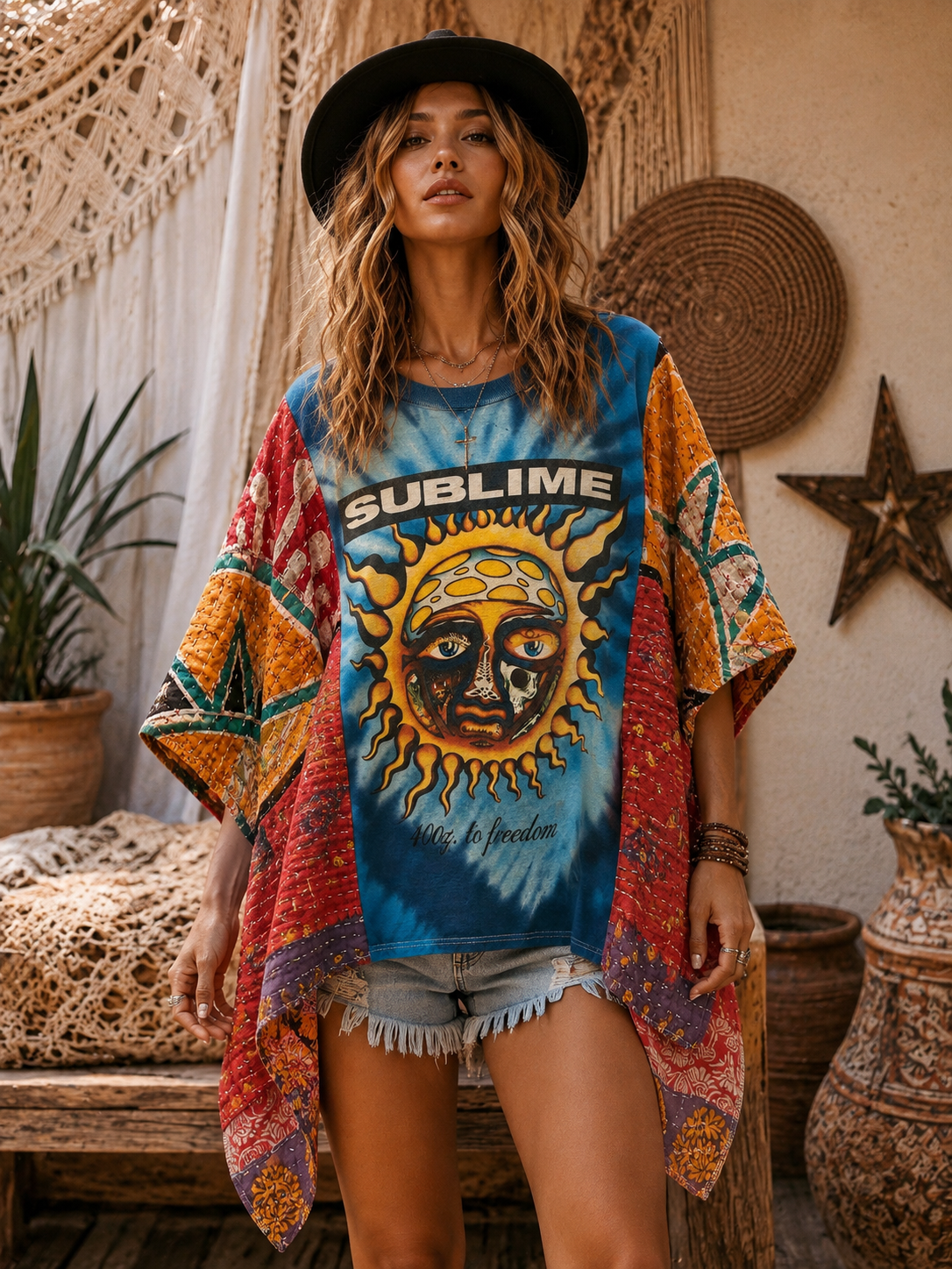 40 Ounce to Freedom Upcycled Vintage Kantha Poncho One Size Fits a Small to XL