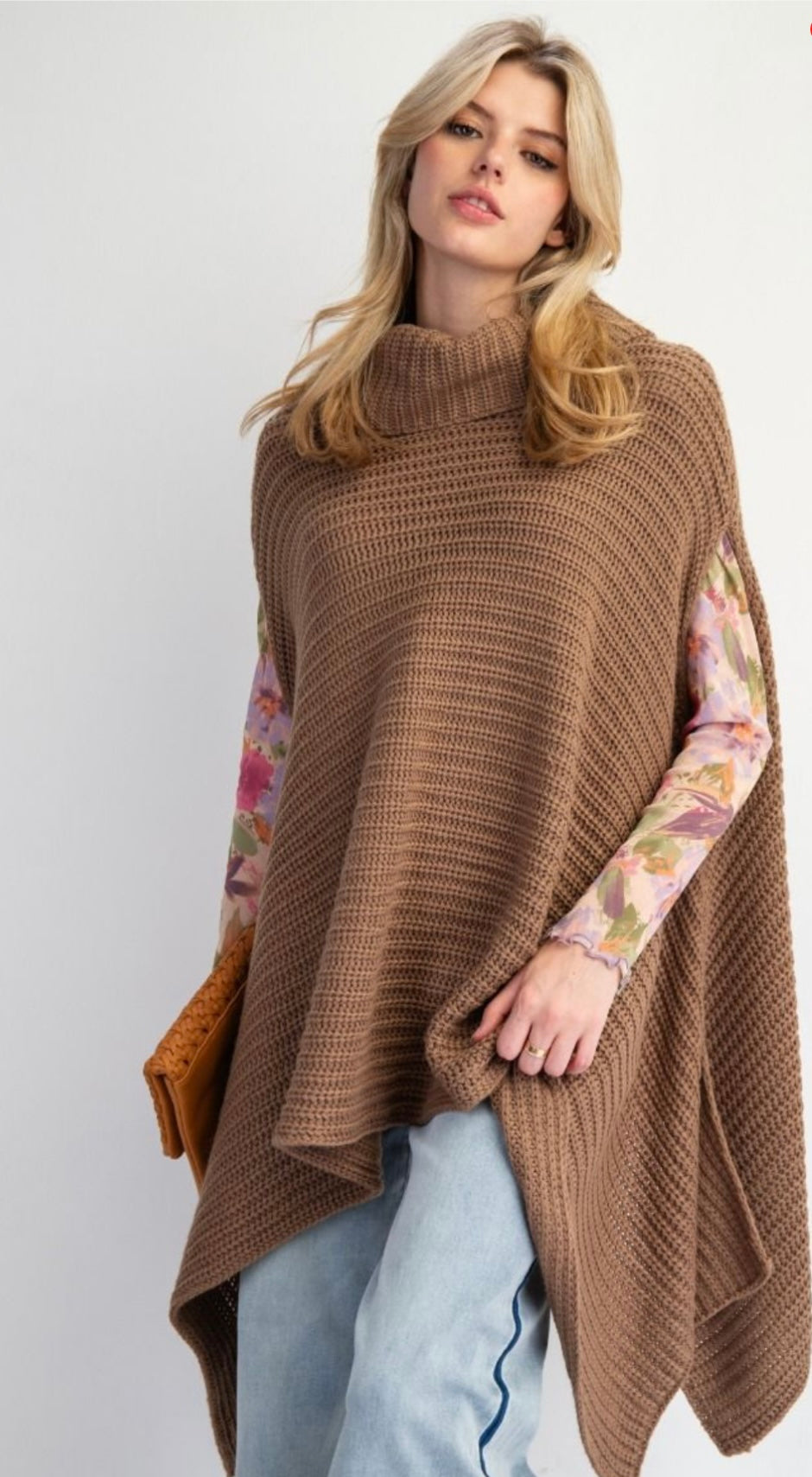 Camel Knit Turtleneck Poncho