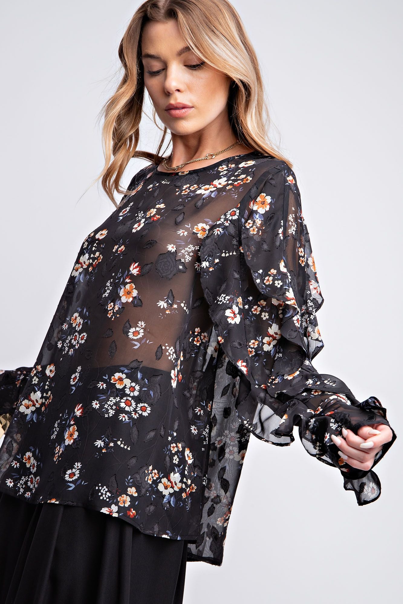 Burnout Floral Printed Chiffon Blouse Plus Size