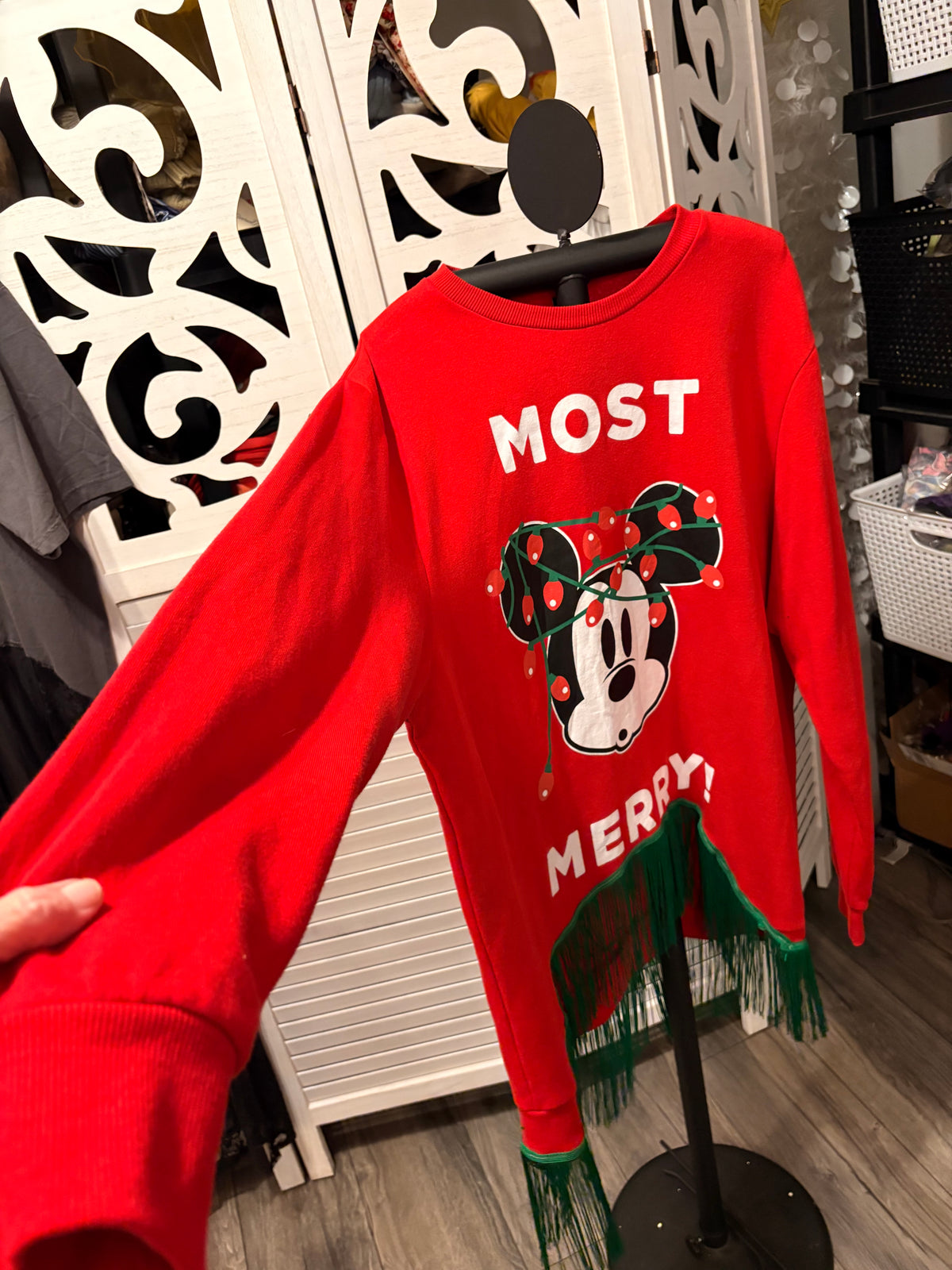 Most Merry Hi/Lo Glam Fringe Sweatshirt One Size Fits a Small to XL