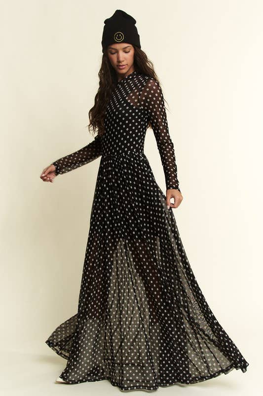 POLKA DOT PRINT MESH MAXI DRESS: Black