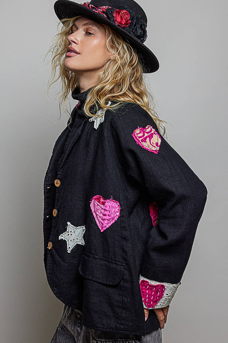 Notched Collar Star & Heart Applique Relaxed Blazer Jacket: Black