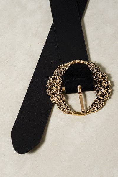 FLORAL ETCHED BUCKLE BELTS | 40BT600: BLACK