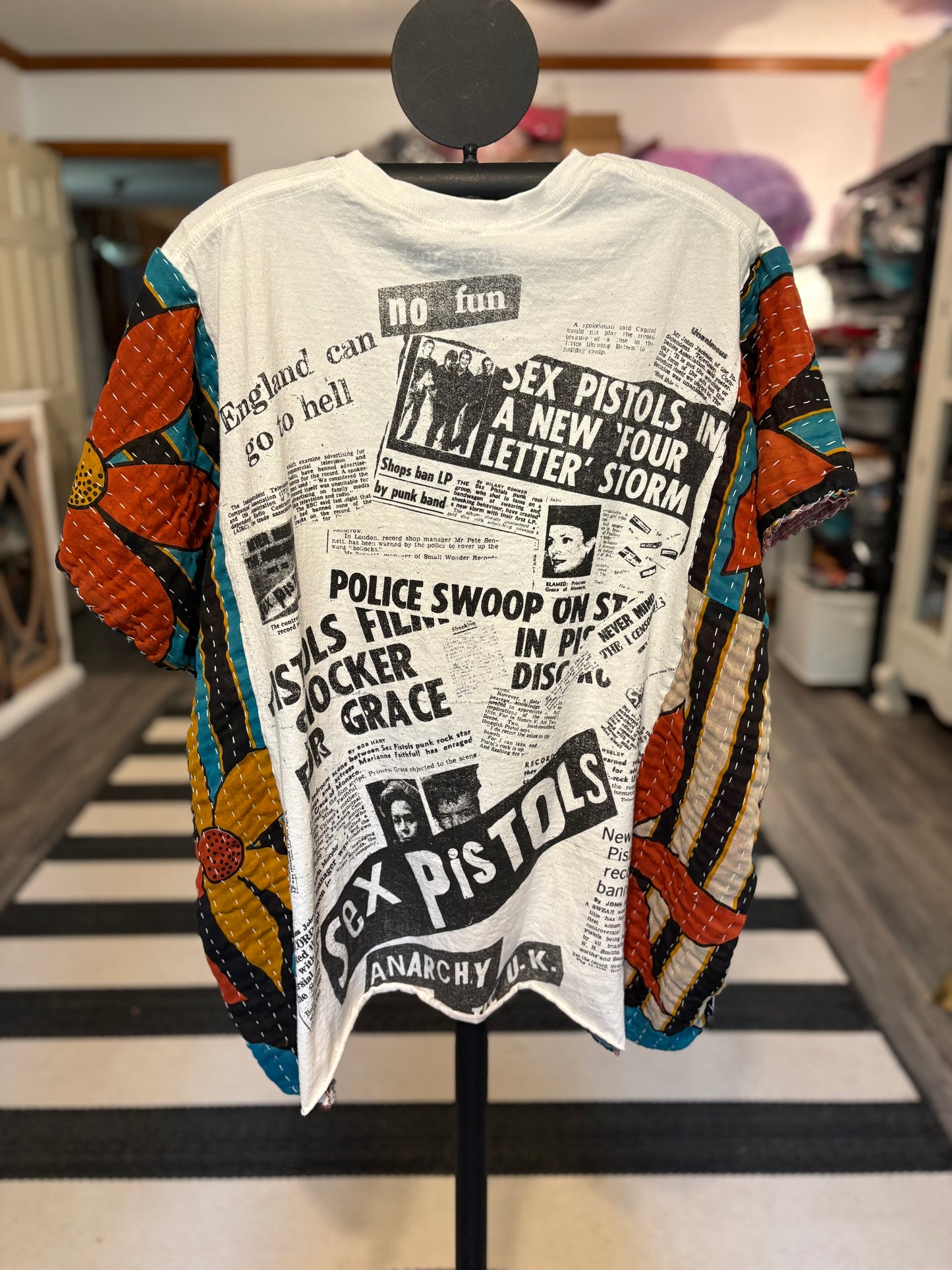 God Save the Queen Upcycled Vintage Kantha Poncho Tee Fits A Size Small to XXL