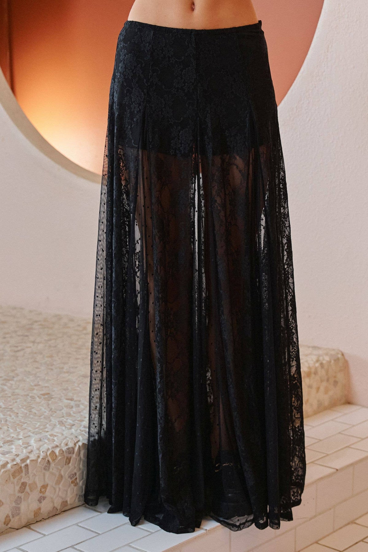 SHEER LACE FRONT SLIT MAXI SKIRT: Black