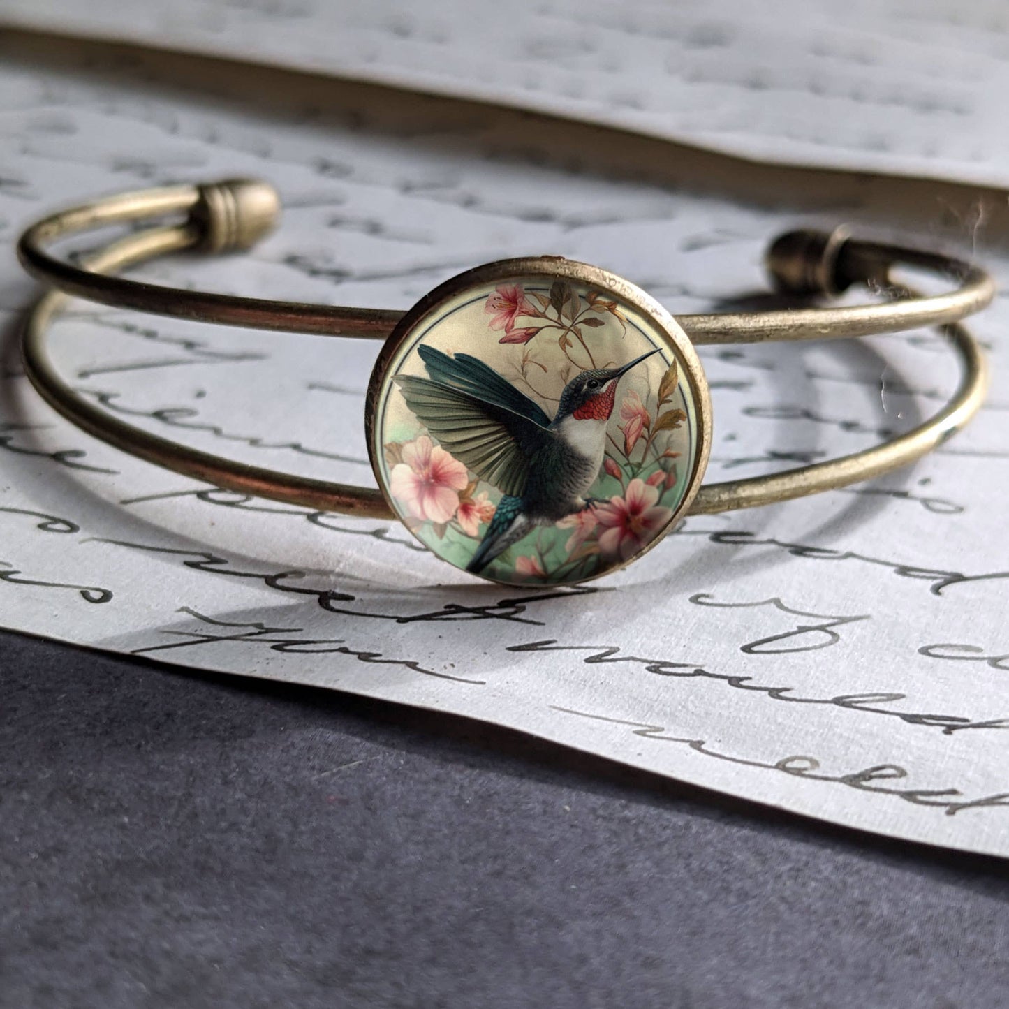 Hummingbird Art Nouveau Glass Cabochon Cuff Bracelet