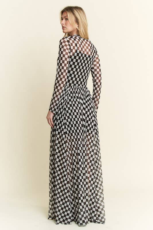 CHECKER PRINT MAXI DRESS: Black