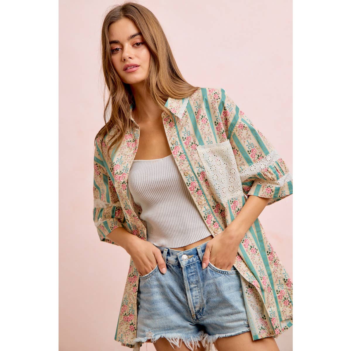EYELET LACE AND FLORAL MIX AND MATCH SHIRT TOP: TEAL / XL 14-18