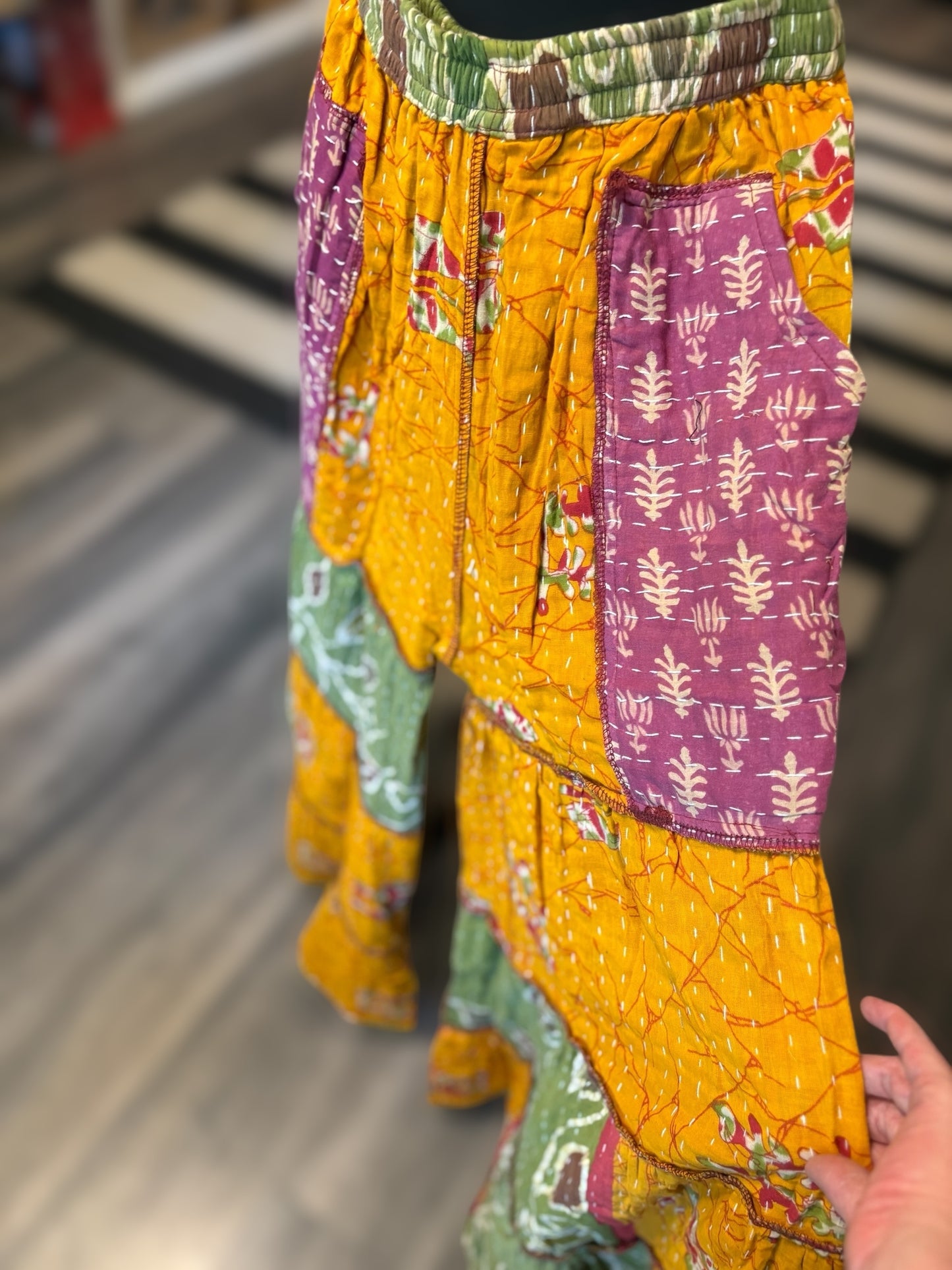 Rayleigh Kantha Flowy Tiered Reversible Palazzo Pant with Pockets: One Size Fits Size 6-16