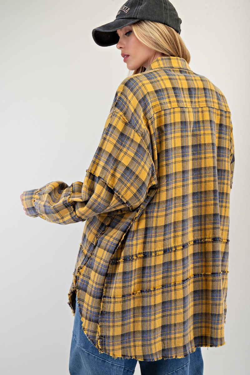 Yellow Plaid Frayed Long Flannel