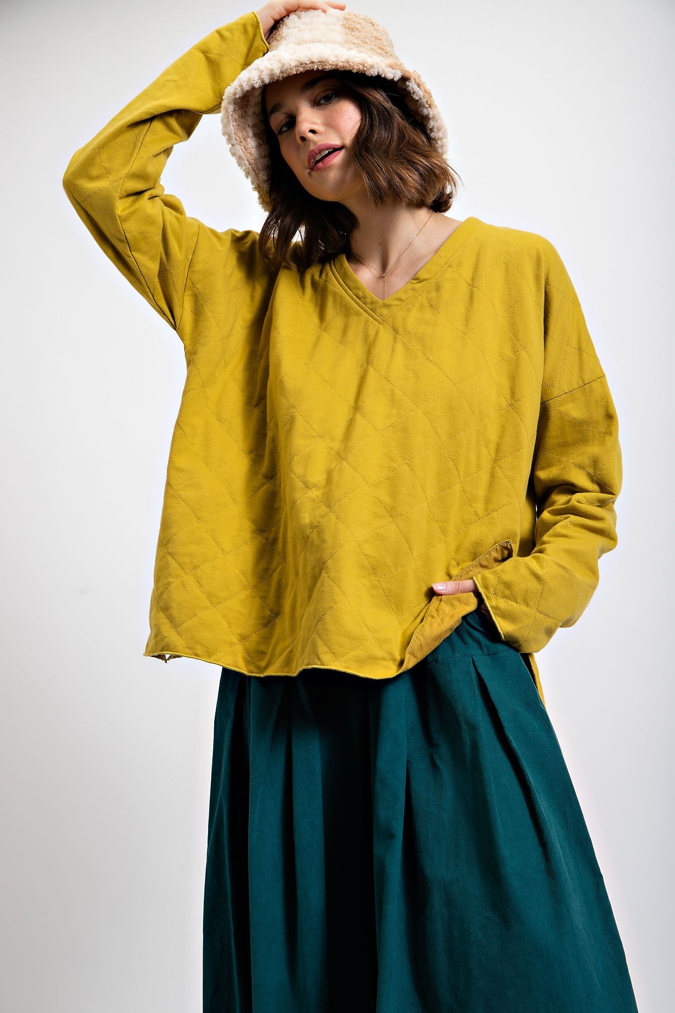 Quilted Olive Terry Pullover