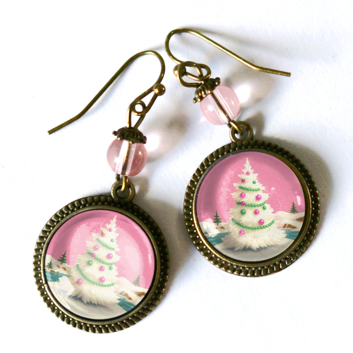 Pink Christmas Tree Earrings