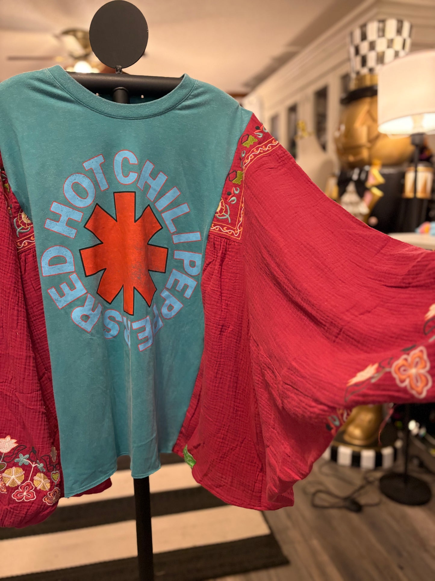 Red Hot Upcycled Drop Sleeve Embroidered Dolman Tee One Size Fits An XL to 4X Oversized