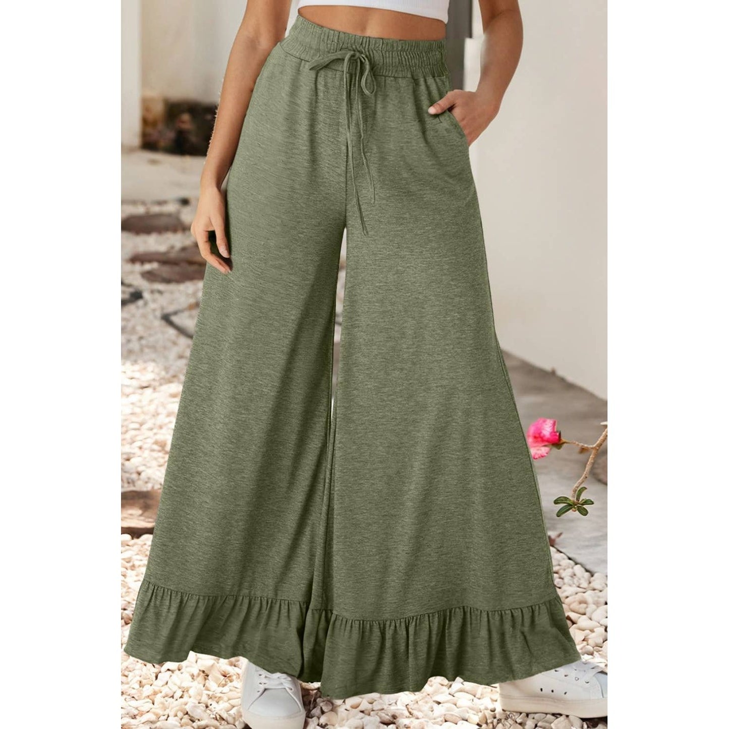 LDC Ruffled Wide Leg Pull On High Waist Pants: Black / M