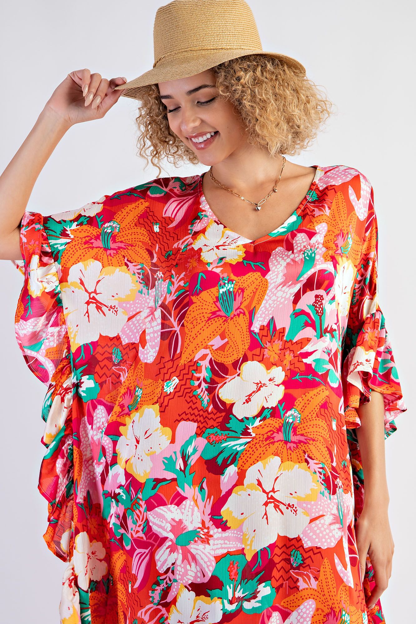 Tropical Orange Ruffle Midi Dress