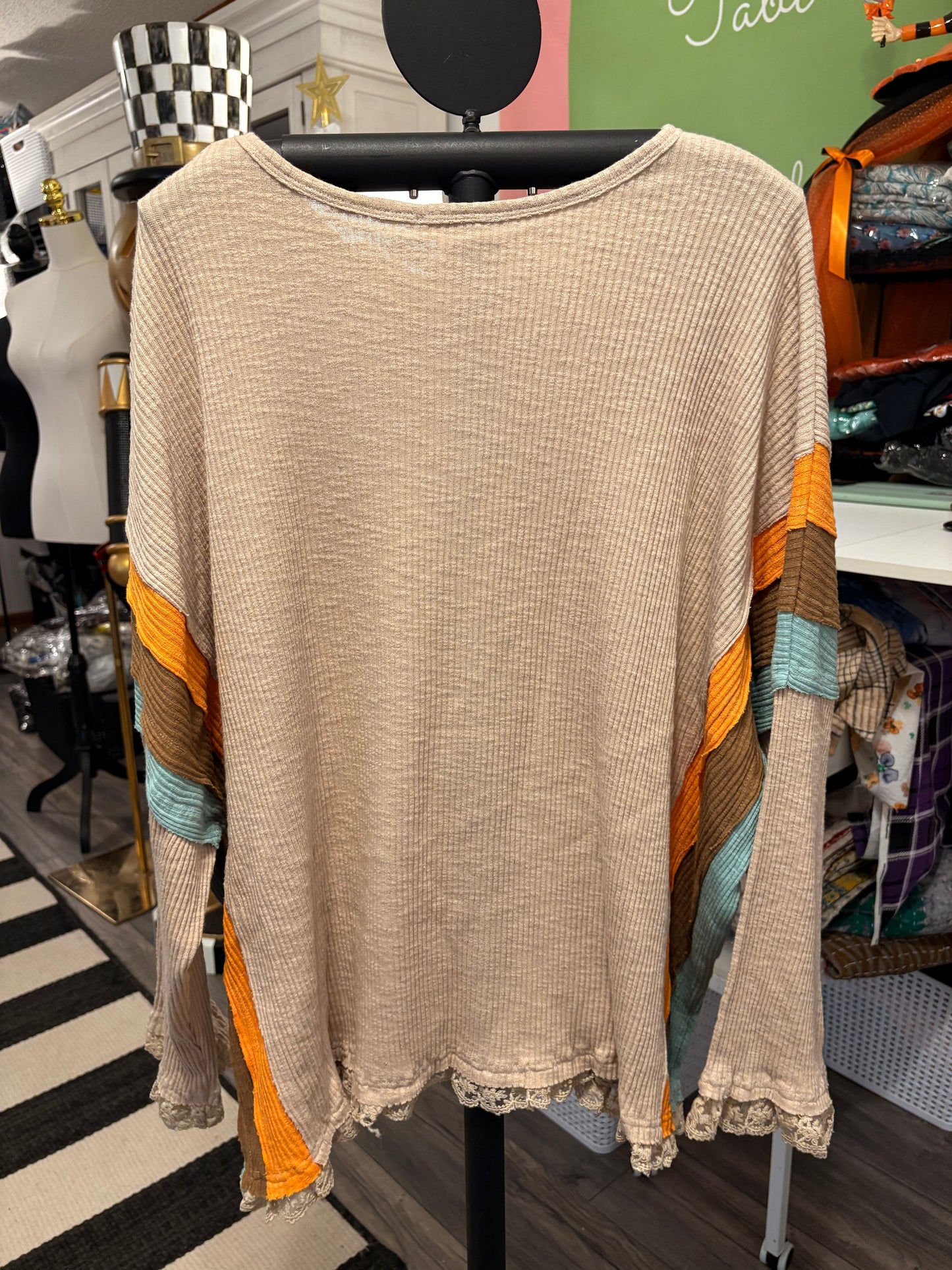 Lace Trim Thermal Knit Top Plus Size